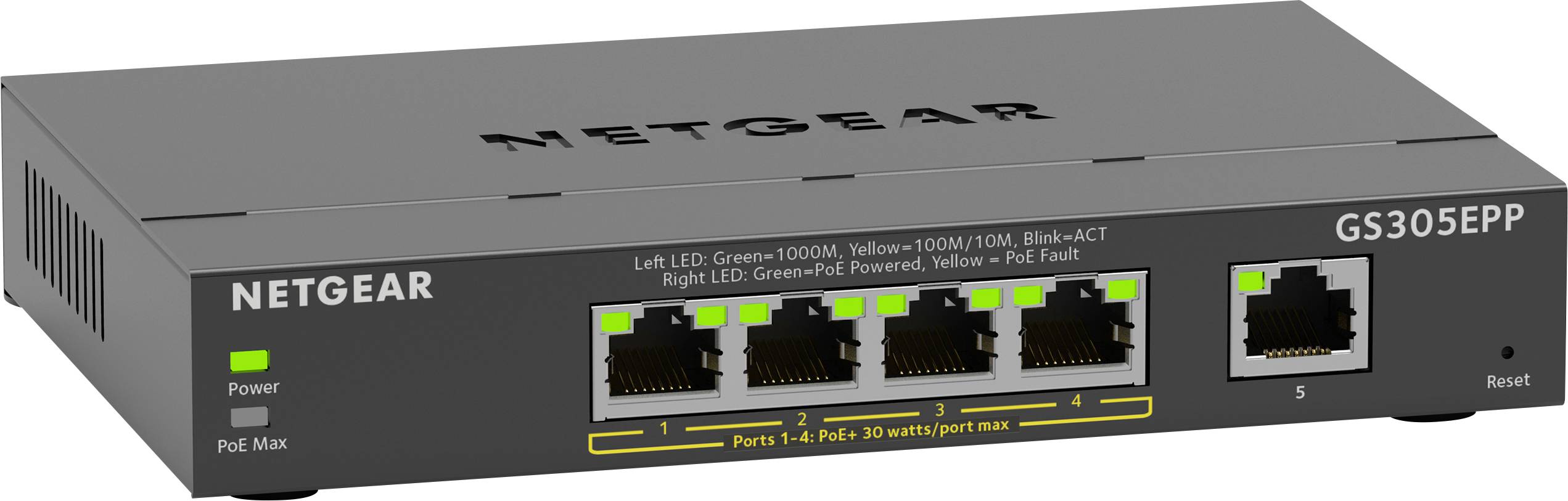 Ein Netgear GS305EPP Switch mit fünf Ethernet-Ports und LED-Anzeigen für Stromversorgung und Netzwerkaktivität.