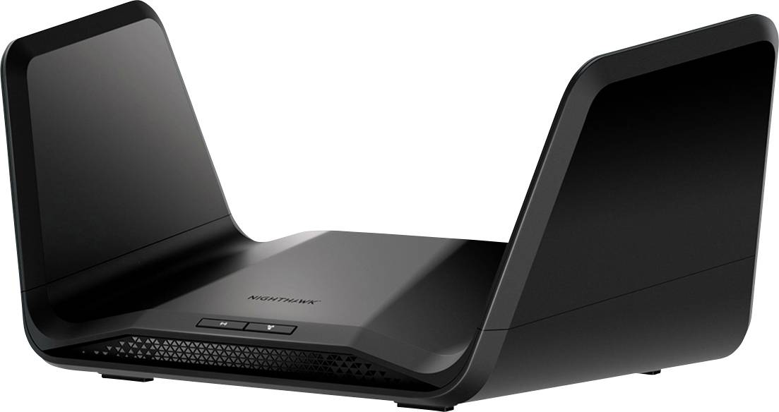 Ein schwarzer, modernes WLAN-Router mit futuristischem Design und zwei breiten, aufgehenden Antennen. Ideal für schnelles Internet.
