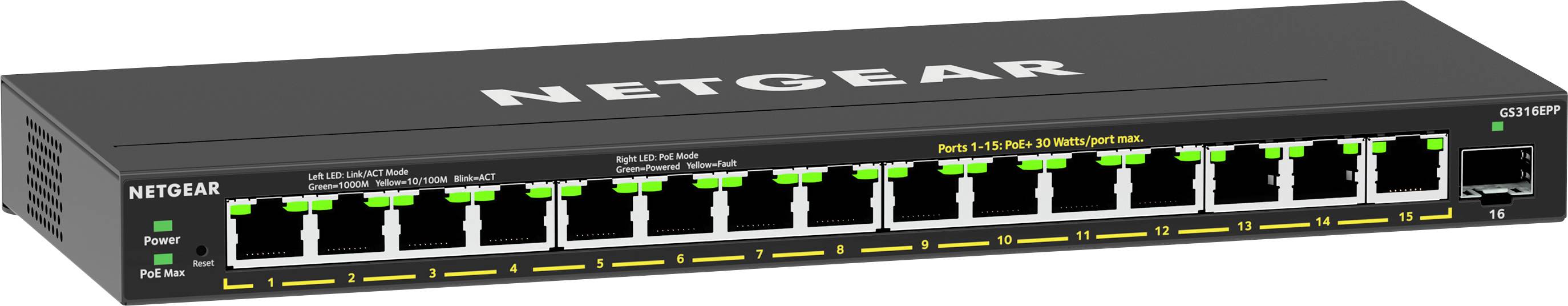 Netzwerk-Switch mit 16 Ethernet-Ports und einem SFP-Port, hergestellt von Netgear, Modellnummer GS316PP. Polizei an jedem Port.