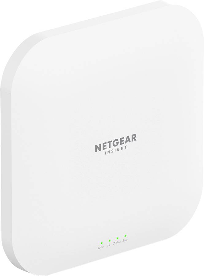 Ein weißer Netgear Insight WLAN-Access-Point mit drei grünen LED-Anzeigen.