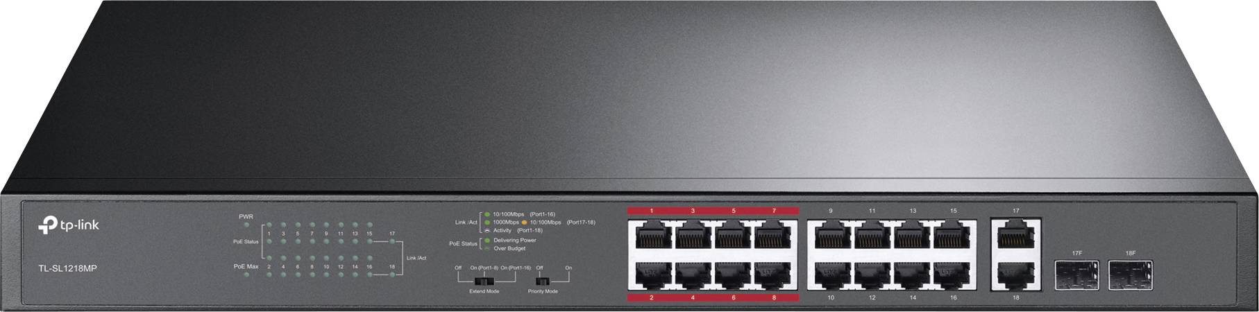 Schwarzer Netzwerk-Switch mit 16 Ports vorne, LED-Anzeigen und TP-Link-Logo oben links, Modell TL-SG1016MP.