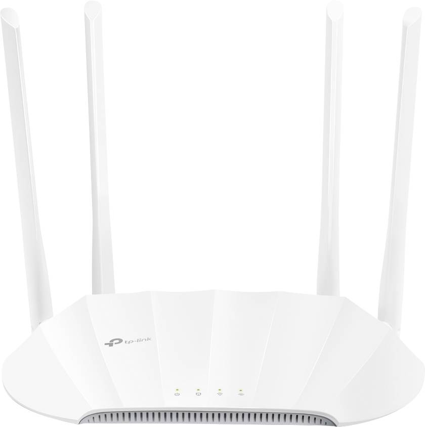 Ein weißer WLAN-Router mit vier Antennen, leuchtenden Statusanzeigen und dem TP-Link-Logo auf der Vorderseite.