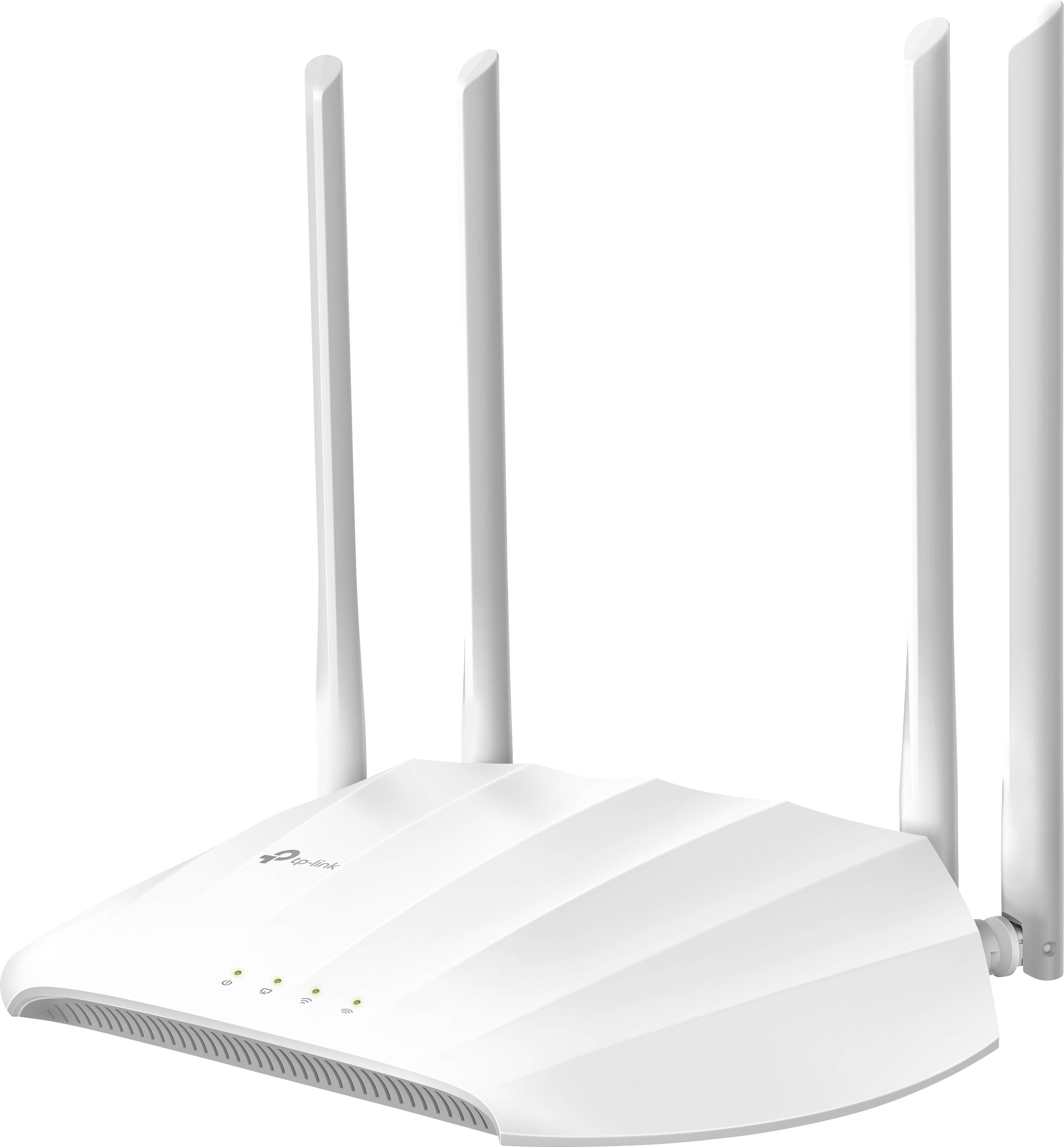Weißer WLAN-Router mit vier Antennen, grünen Kontrollleuchten auf der Vorderseite, geeignet für Heimnetzwerke.