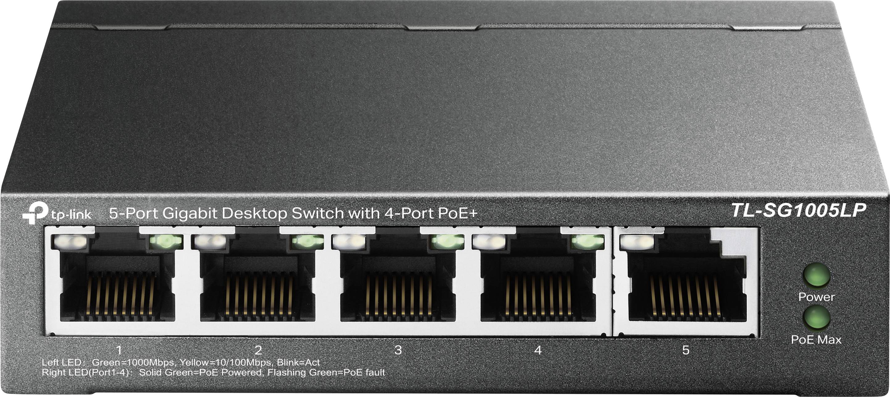 5-Port Gigabit Desktop Switch mit 4 PoE+ Ports, Modell TL-SG1005LP, Vorderansicht mit fünf Ethernet-Ports, Strom- und PoE-Anzeige.