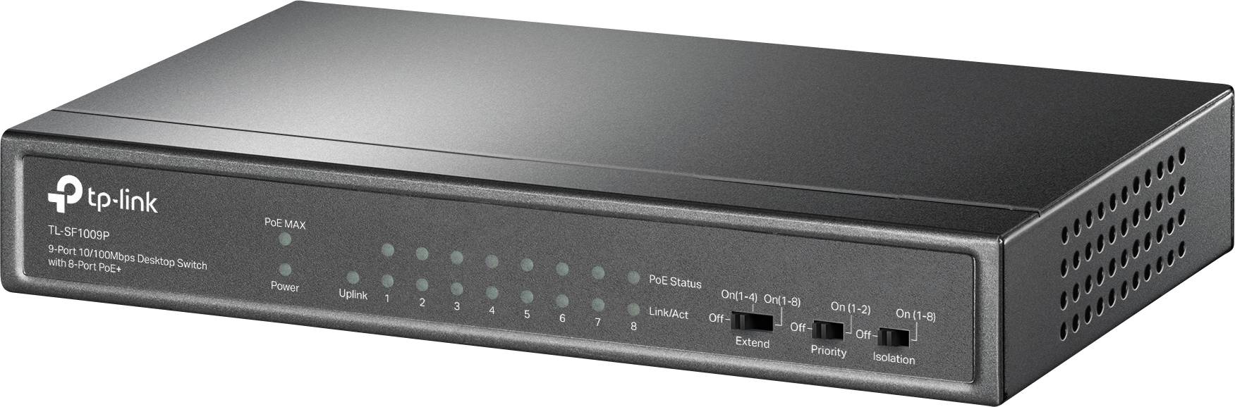 Ein schwarzer Netzwerk-Switch von TP-Link mit mehreren Ethernet-Ports auf der Vorderseite und LED-Anzeigen für den Verbindungsstatus.