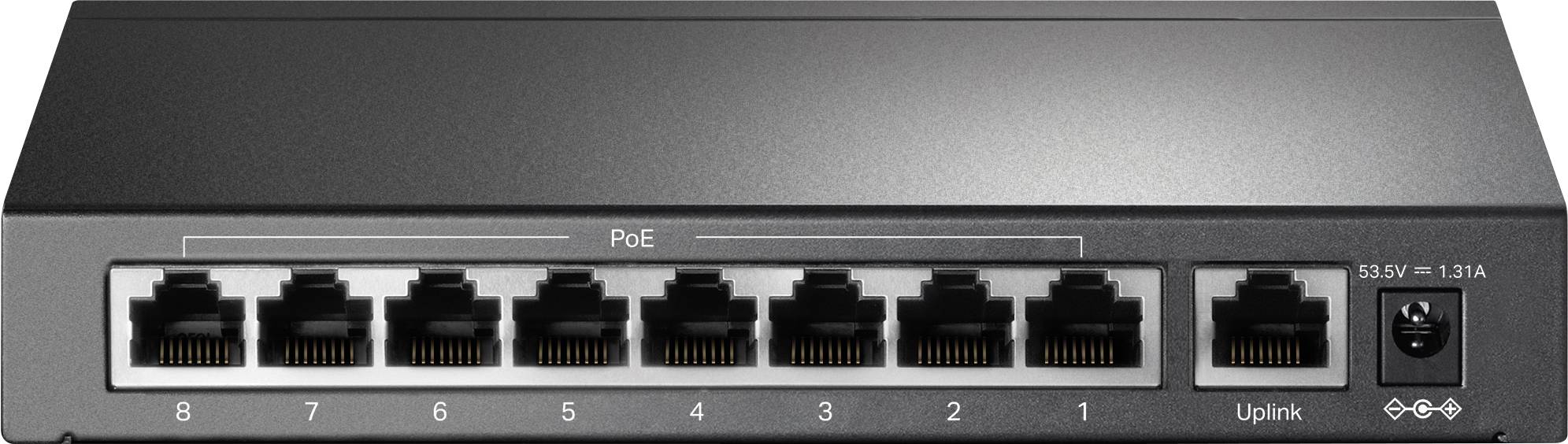 Ein schwarzer Netzwerk-Switch mit acht Ethernet-Ports, nummeriert von 1 bis 8. Ein Port ist als 'Uplink' markiert.