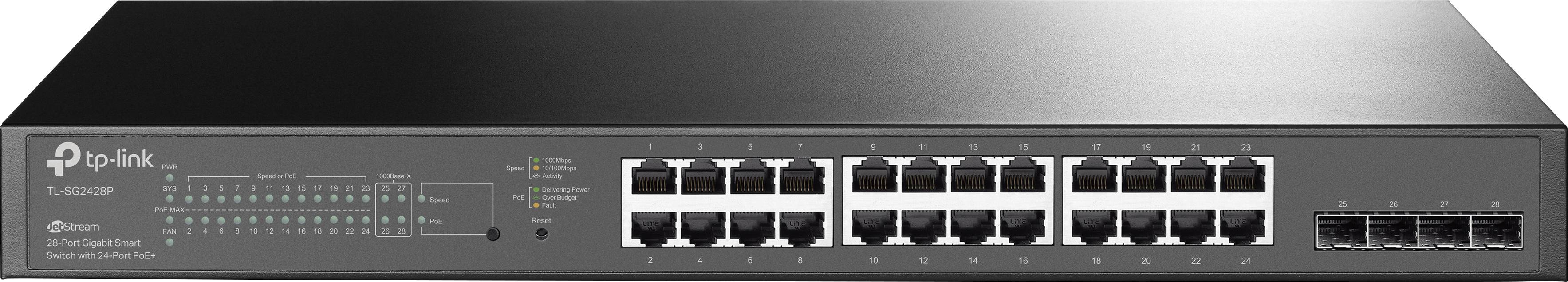 Ein 24-Port-Netzwerkswitch mit schwarzem Gehäuse und TP-Link-Logo. Auf der Vorderseite sind LEDs und Anschlussports sichtbar.