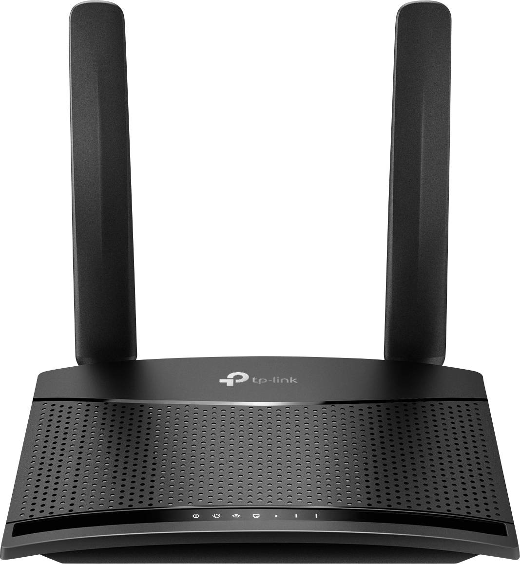 Ein schwarzer TP-Link WLAN-Router mit zwei Antennen; Vorderseite zeigt verschiedene Kontrollleuchten für Verbindungsstatus.