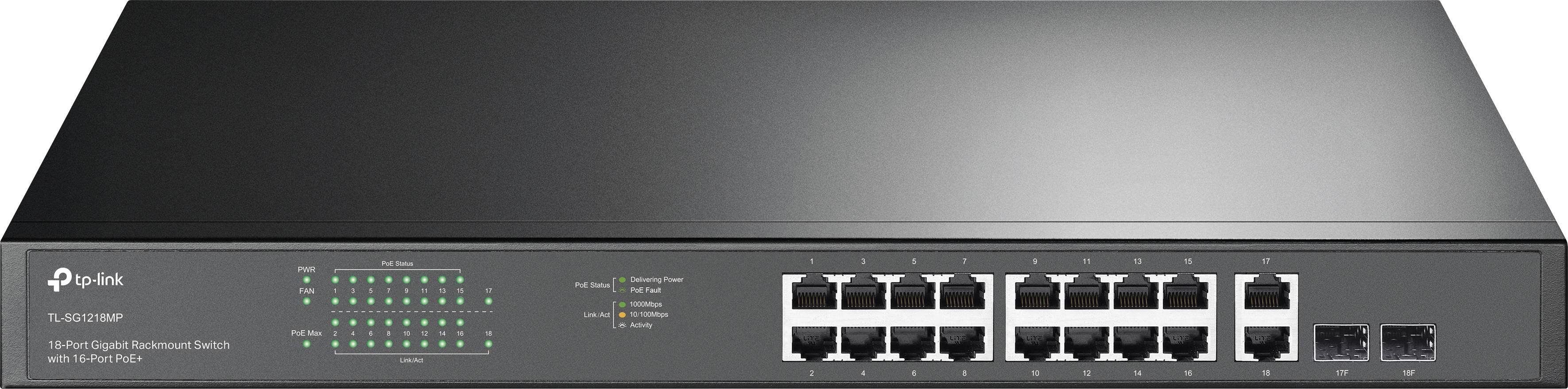 TP-Link Netzwerk-Switch mit 16 Ethernet-Ports und 2 SFP-Ports. LEDs zeigen Betriebsstatus. Modell TL-SG2218.