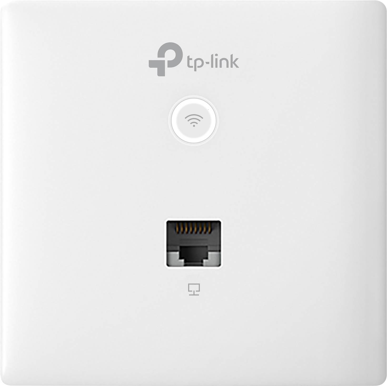 TP-Link Netzwerk-Wandanschluss mit Ethernet-Port und WLAN-Symbol.