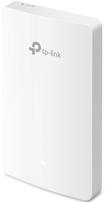 Ein weißer TP-Link-WLAN-Router in rechteckiger Form, steht aufrecht. Das Logo ist oben aufgedruckt.