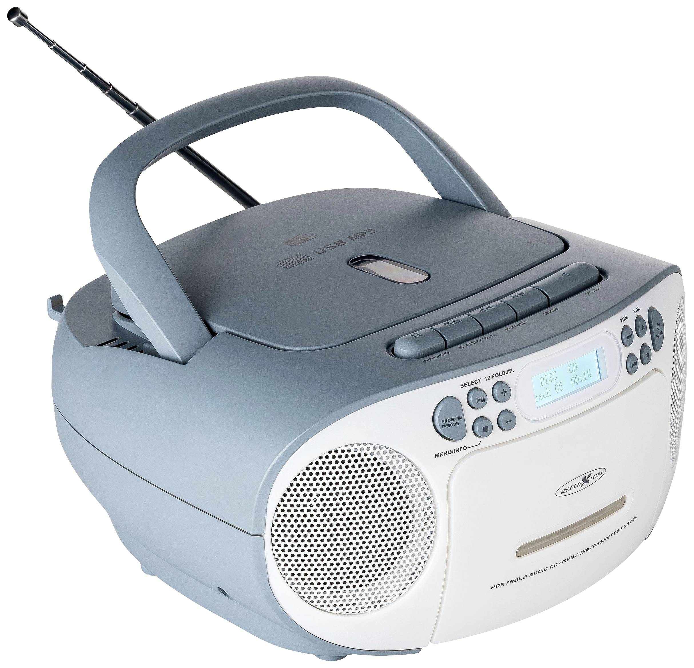 Tragbarer CD-Player mit Radio und eingebautem Lautsprecher, silber/blaues Gehäuse, ausziehbare Antenne und Displayanzeige.