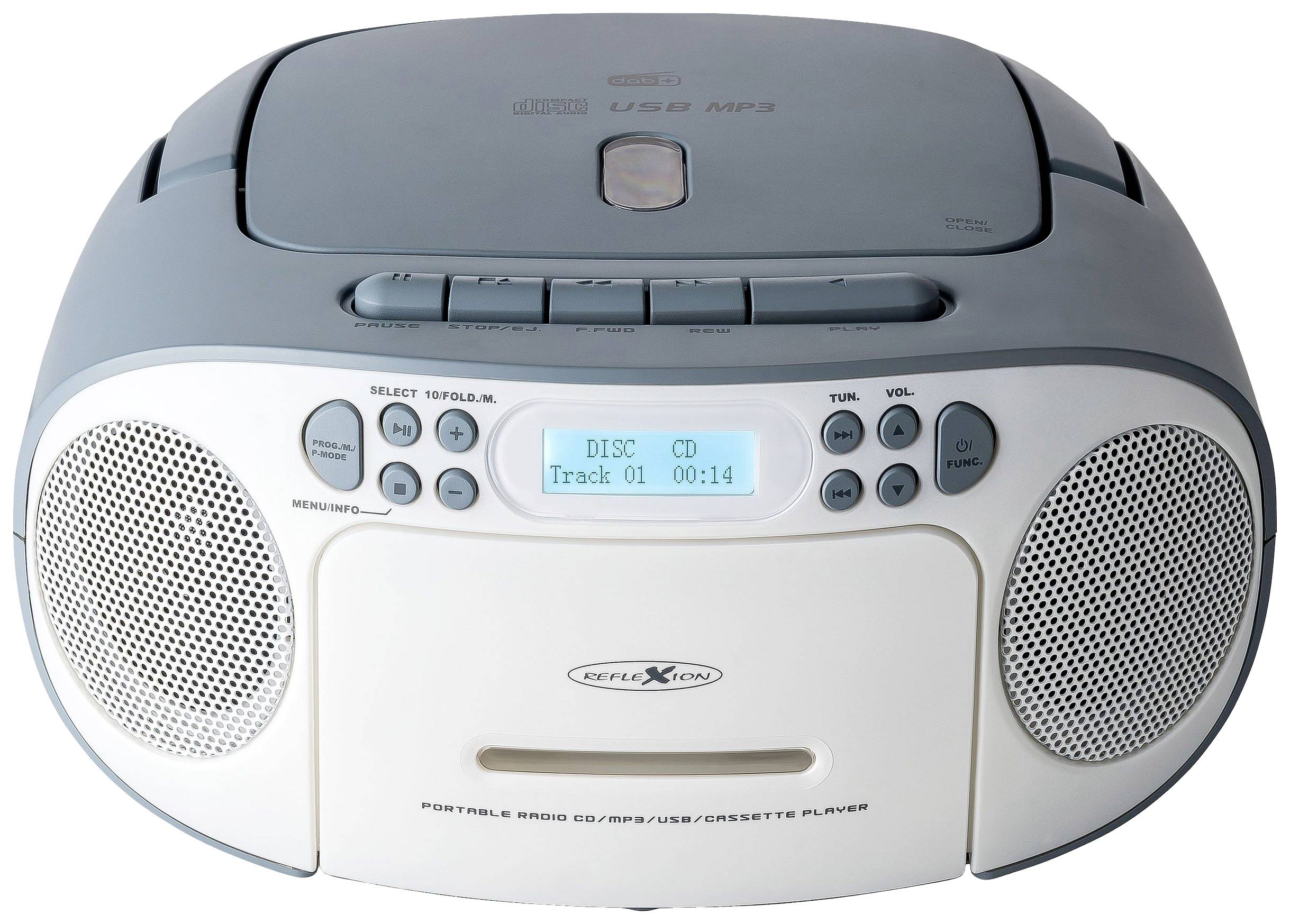 Grauer und weißer tragbarer Radio-CD-Player mit USB- und Kassettendeck. Digitales Display zeigt 'DISC CD Track 01 00:14'.