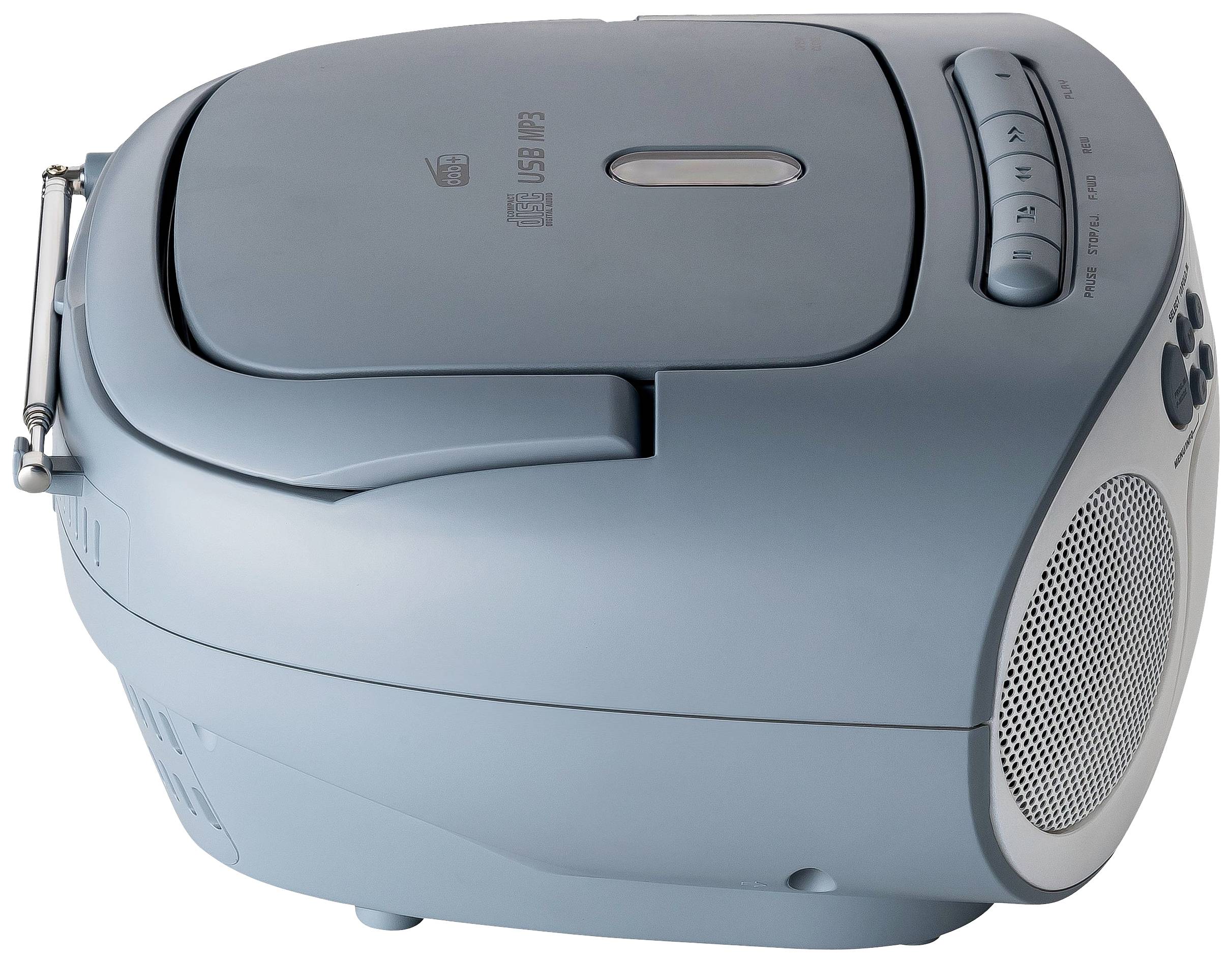 Ein tragbares blaues CD-Radio mit Lautsprechern auf der rechten Seite, Bedientasten an der Oberseite, und USB-Anschluss.