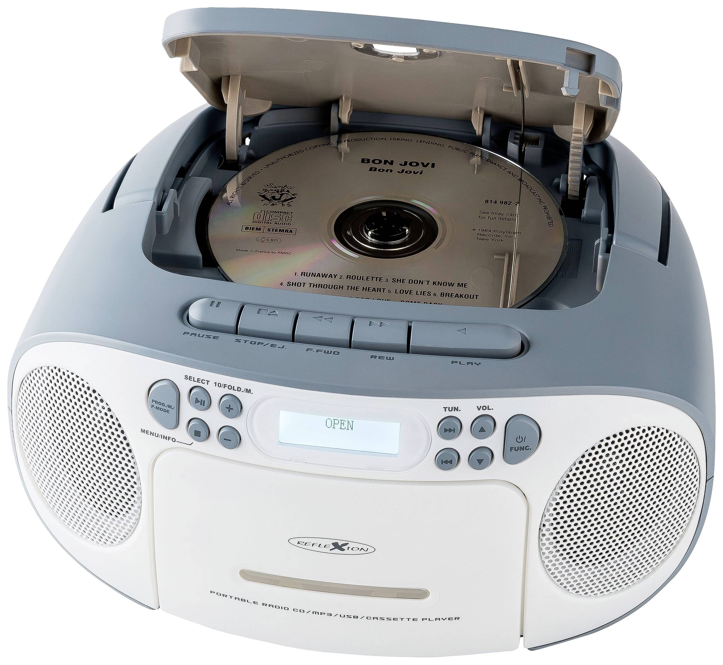 Ein CD-Radio-Kassettenrekorder mit geöffneter CD-Klappe. Eine CD von Bon Jovi ist sichtbar. Bedienknöpfe und Lautsprecher sind integriert.