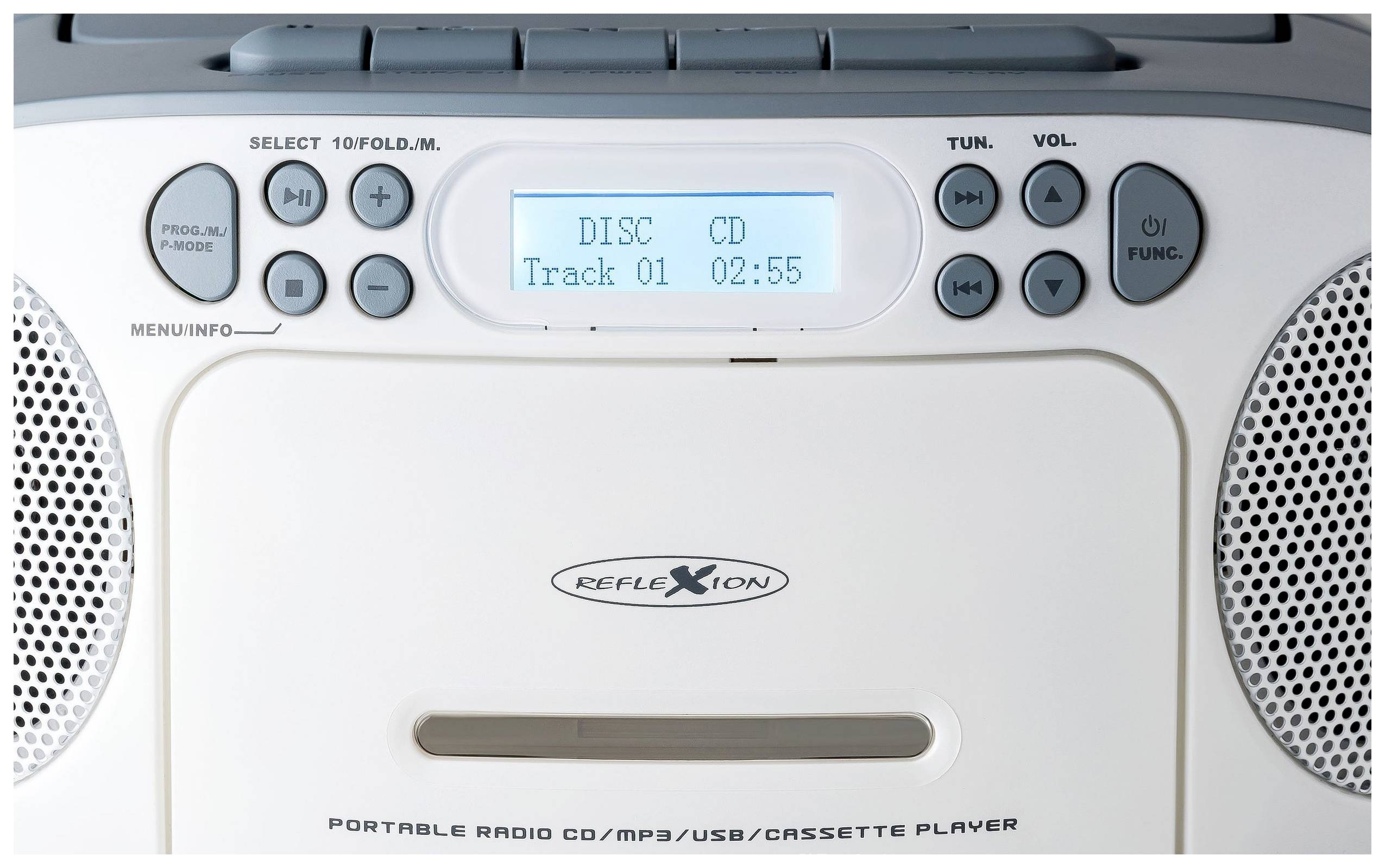 Ein tragbarer Radio-/MP3-/USB-/Kassetten-Player mit LCD-Bildschirm zeigt 'DISC CD Track 01 02:55'. Lautsprecher links und rechts.