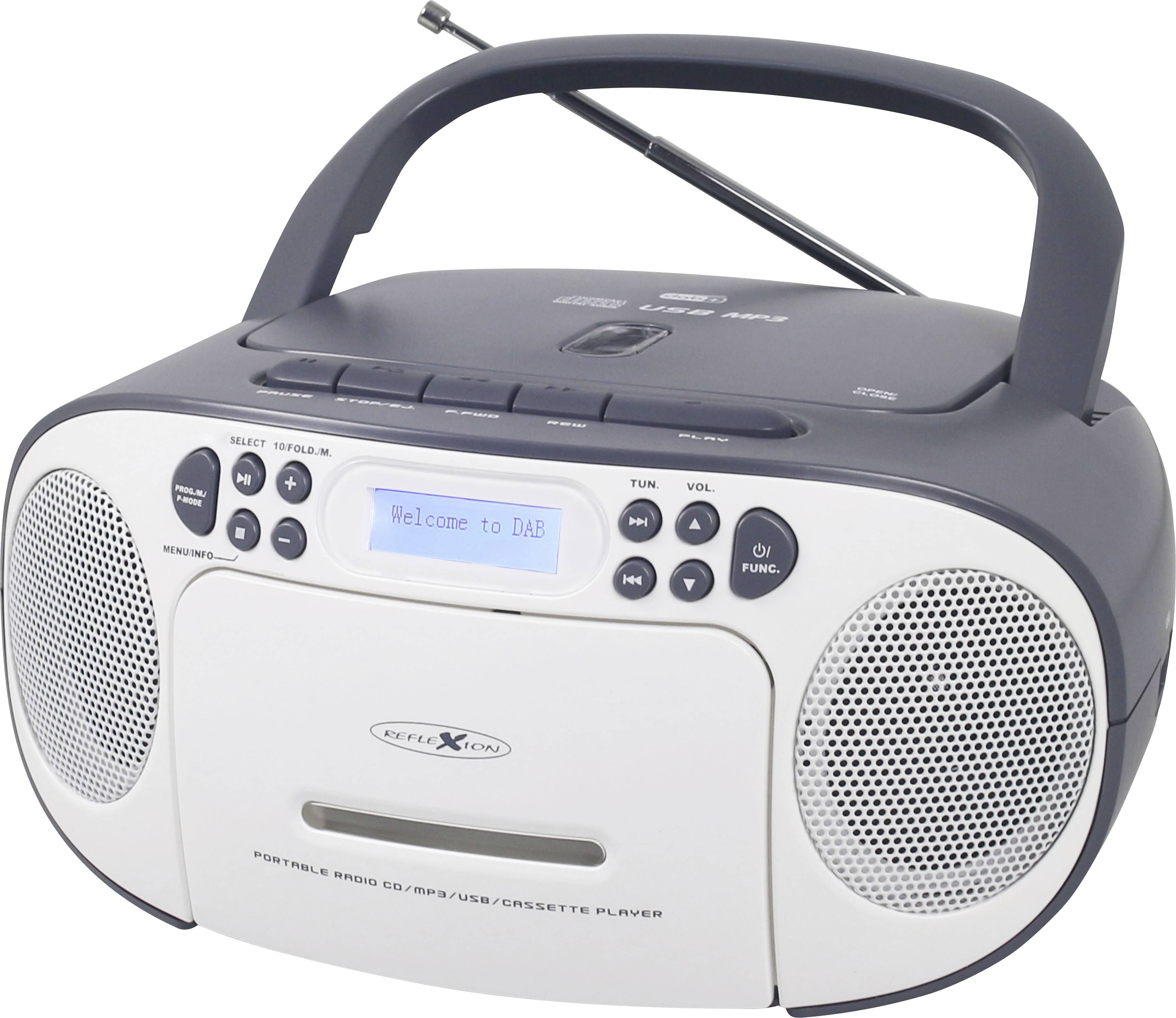 Ein tragbares Radio mit CD-Player, USB-Anschluss und Kassettendeck. Der Bildschirm zeigt 'Welcome to DAB' an.