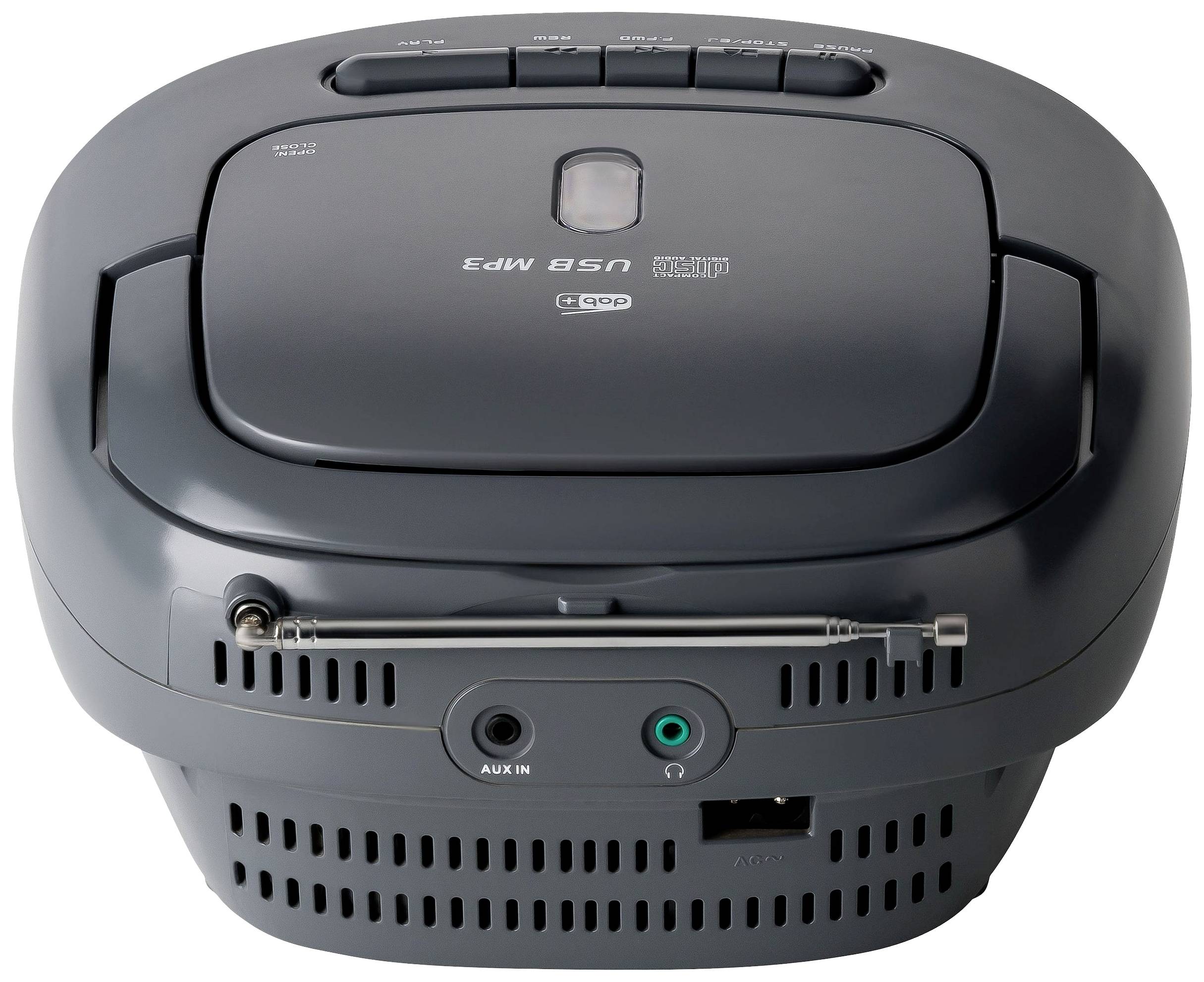 Ein tragbarer CD-Player mit USB MP3-Funktion, Kopfhörerbuchse und AUX-Eingang, geeignet für tragbare Musikwiedergabe.