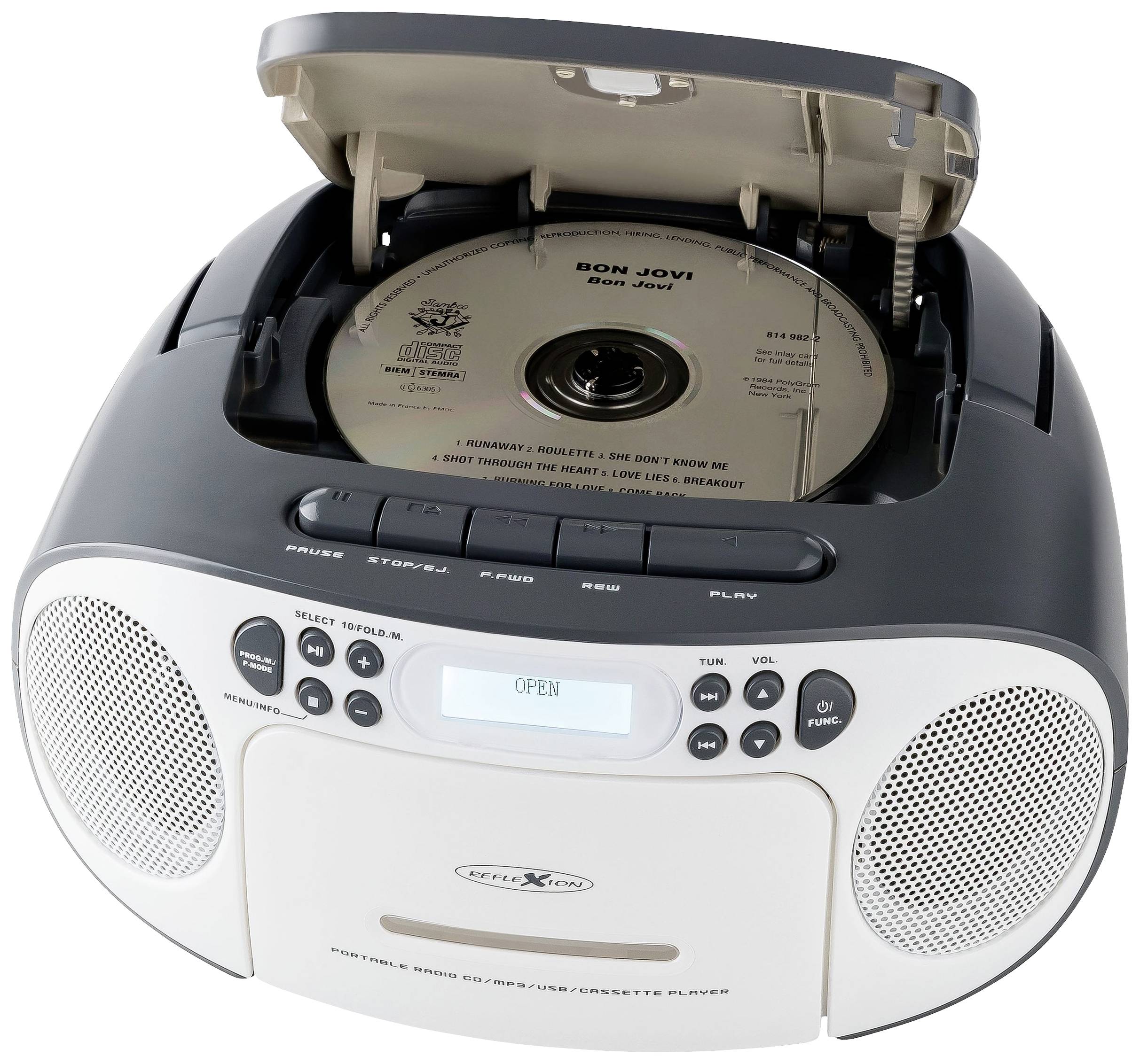 Ein CD-Player mit offenem Deckel und eingelegter Musik-CD. Zu sehen sind Lautsprecher, Bedienelemente und eine kleine Anzeige.