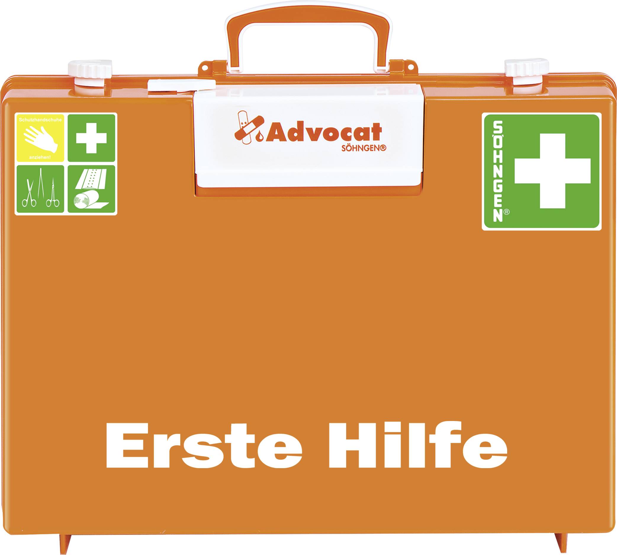 Orangefarbiger Erste-Hilfe-Kasten mit der Aufschrift 'Erste Hilfe', grünen medizinischen Symbolen und einem Griff.