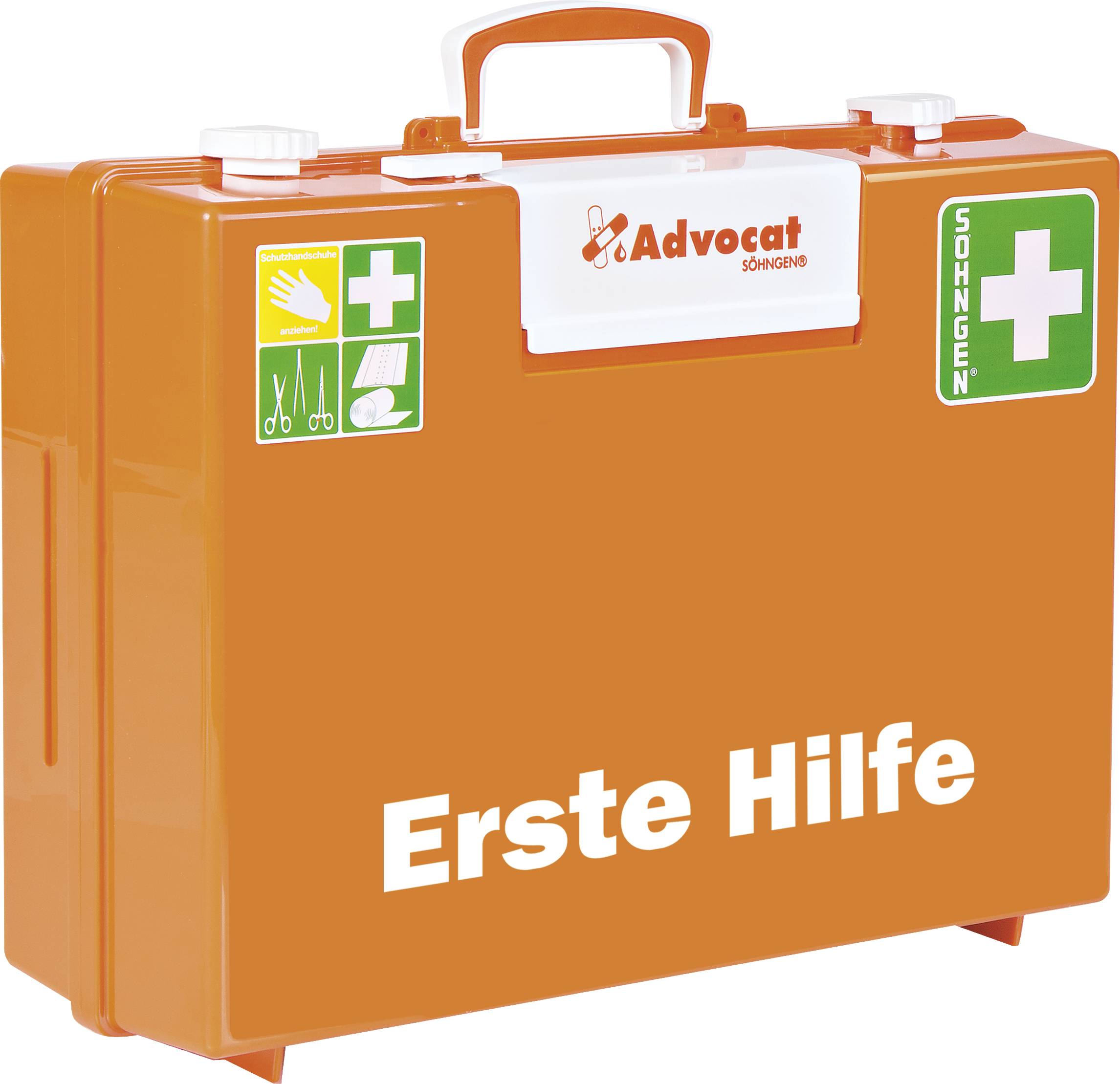 Oranger Erste-Hilfe-Koffer mit weißen Kreuzen und Sicherheitsymbolen auf der Vorderseite.