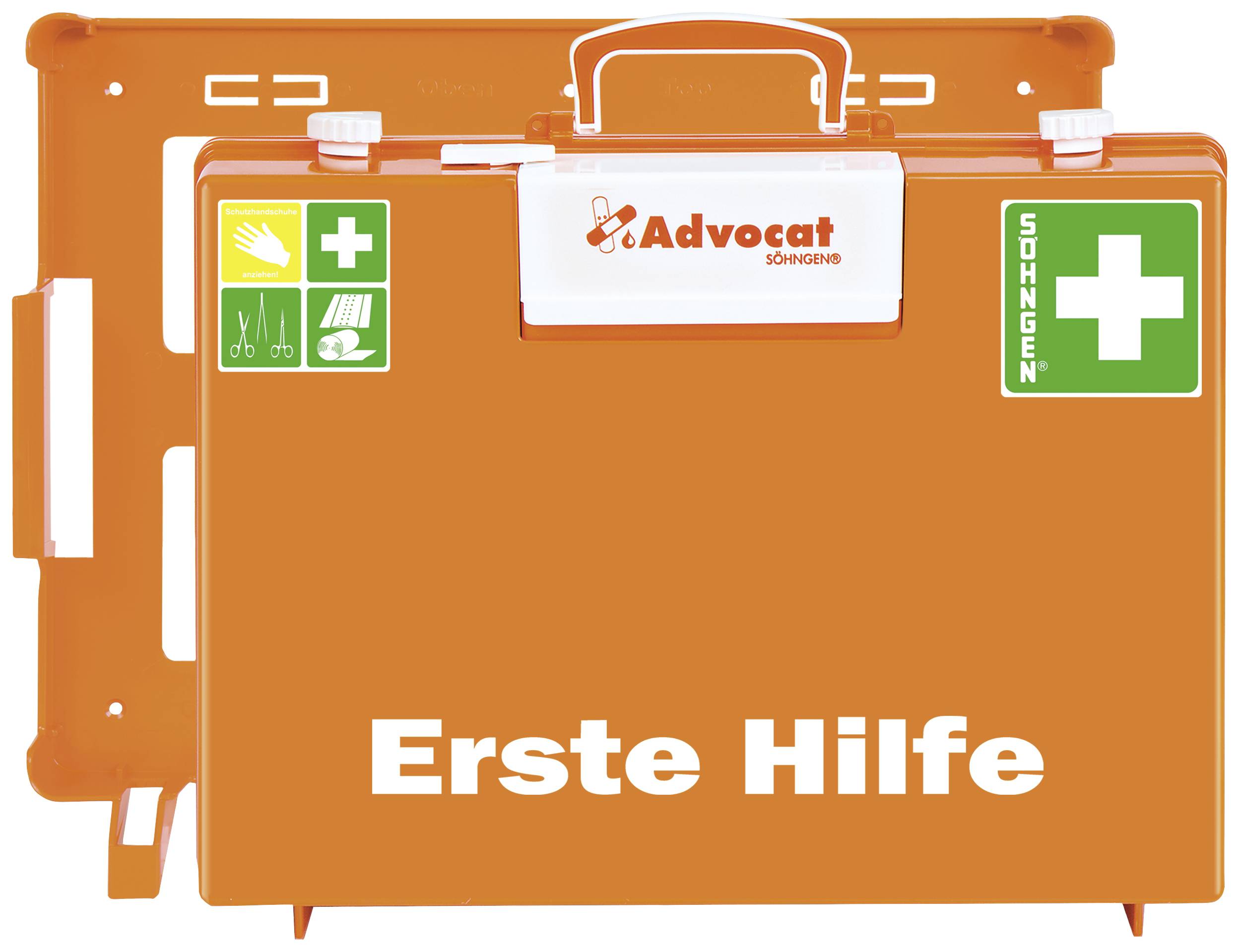 Orange-weißer Erste-Hilfe-Kasten mit grünem Kreuzsymbol, Schere- und Pflasterpiktogrammen. Beschriftet mit 'Erste Hilfe'.