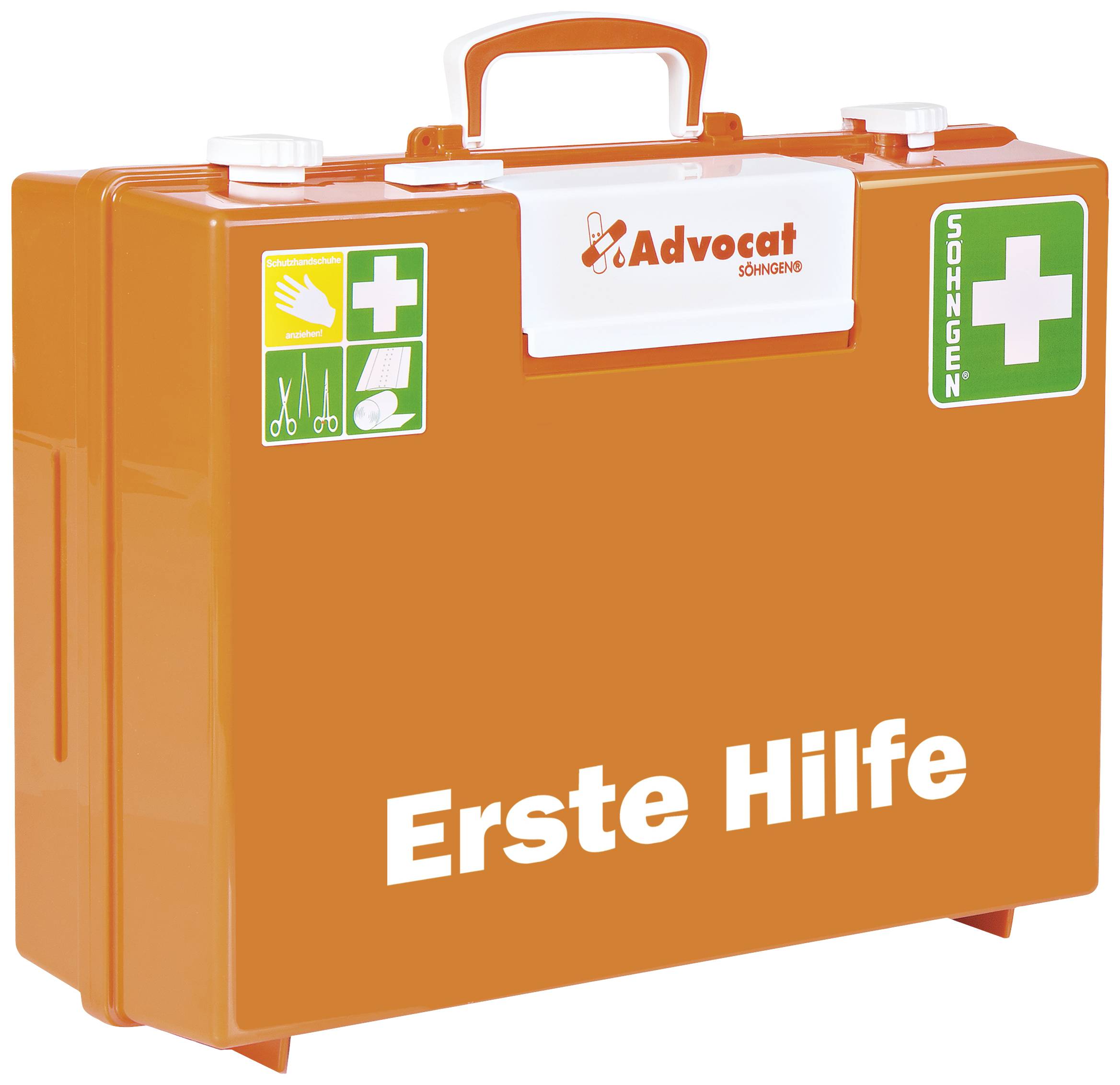 Ein orangefarbener Erste-Hilfe-Kasten mit einem weißen Kreuz und Scheren-Symbol. Text: 'Erste Hilfe'. Markenlogo oben.