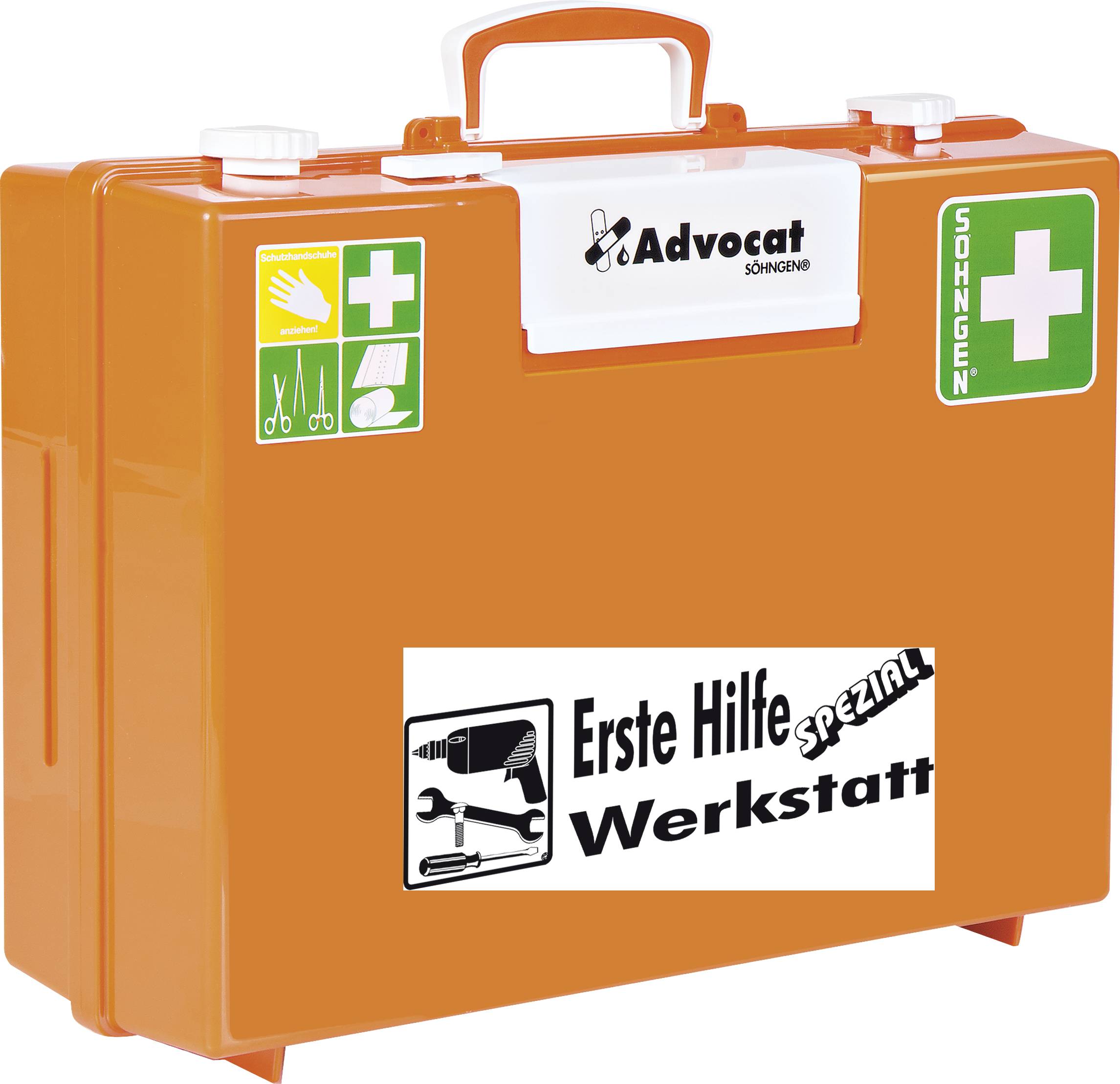 Orange Erster-Hilfe-Kasten mit weißen Symbolen für Schere, Pflaster und Kreuz. Aufschrift 'Erste Hilfe Spezial Werkstatt'.
