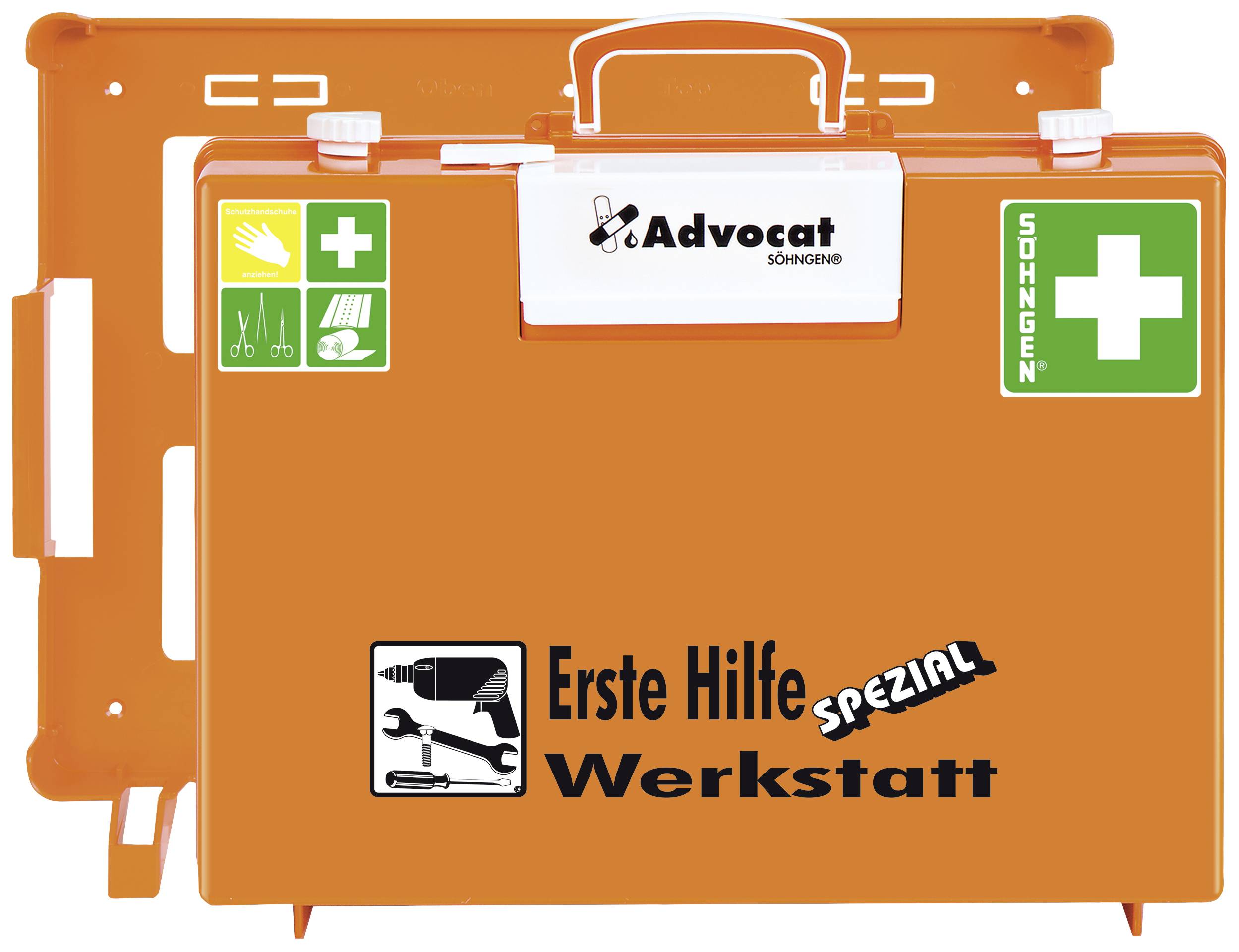 Ein orangefarbener Erste-Hilfe-Kasten mit dem Aufdruck 'Erste Hilfe Werkstatt'. Enthält Symbole für Erste Hilfe und Werkzeuge.