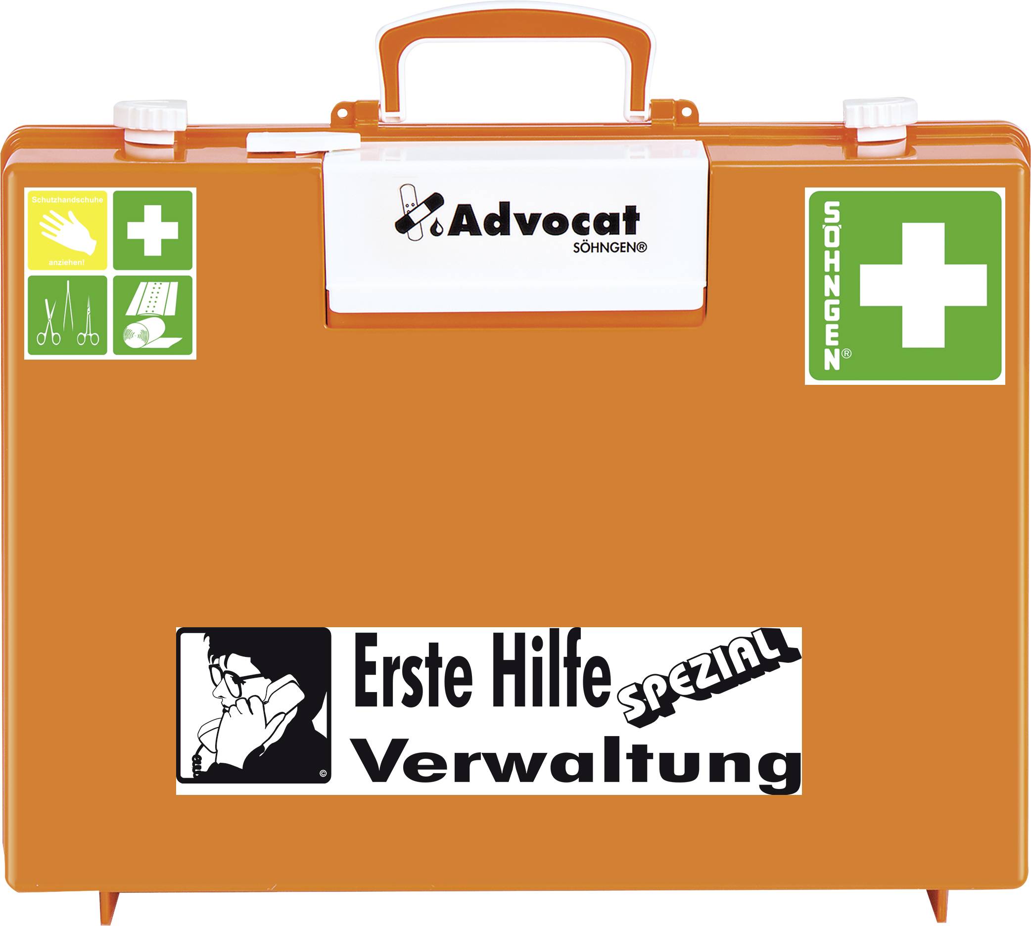 Ein orangefarbener Erste-Hilfe-Koffer mit weißen und grünen Symbolen, inklusive Schere und Kreuz, für die Verwaltung.