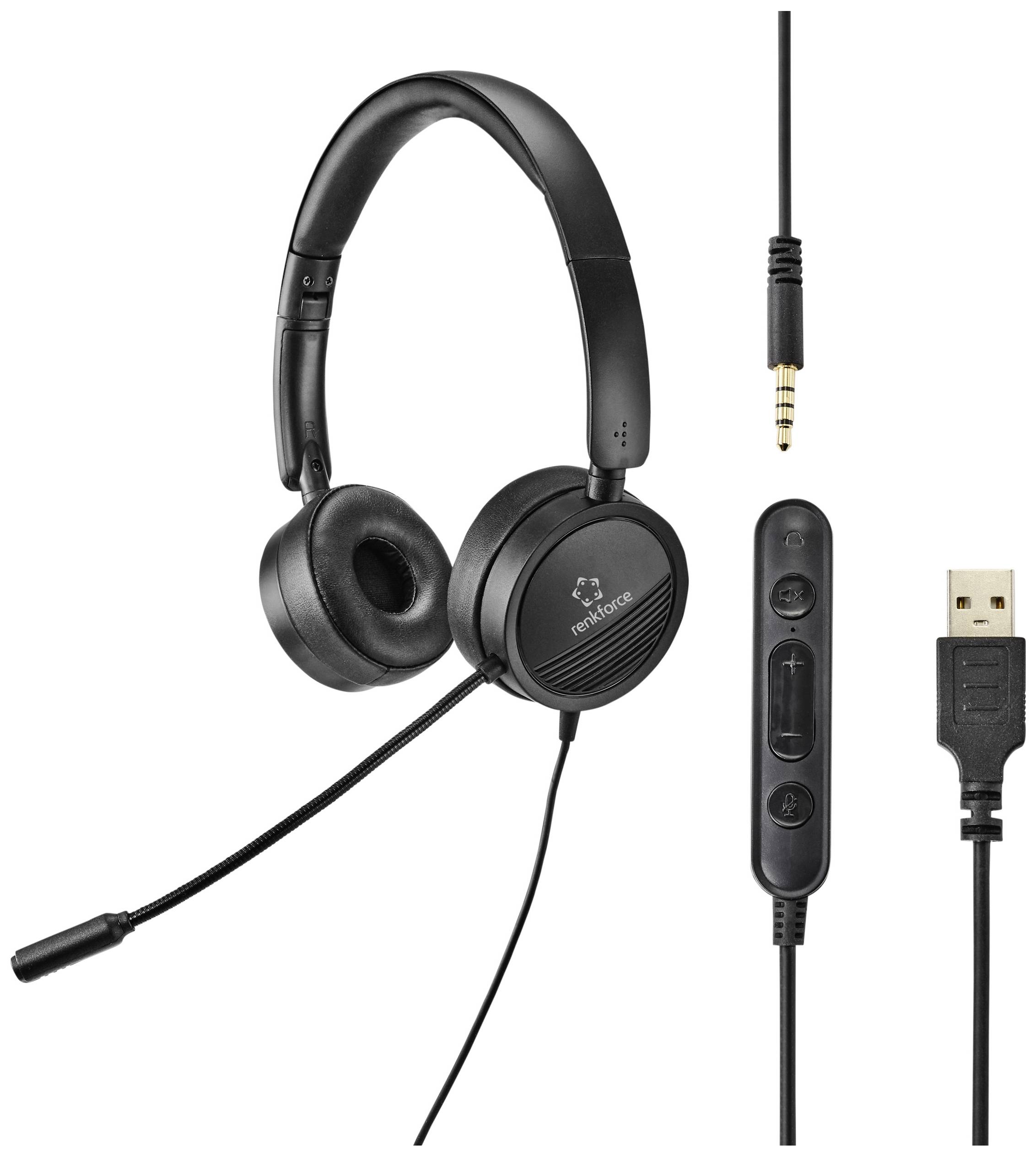 Schwarzes, kabelgebundenes Headset mit Mikrofon und Bedienelementen am Kabel. USB- und 3,5-mm-Anschlüsse für vielseitige Nutzung.