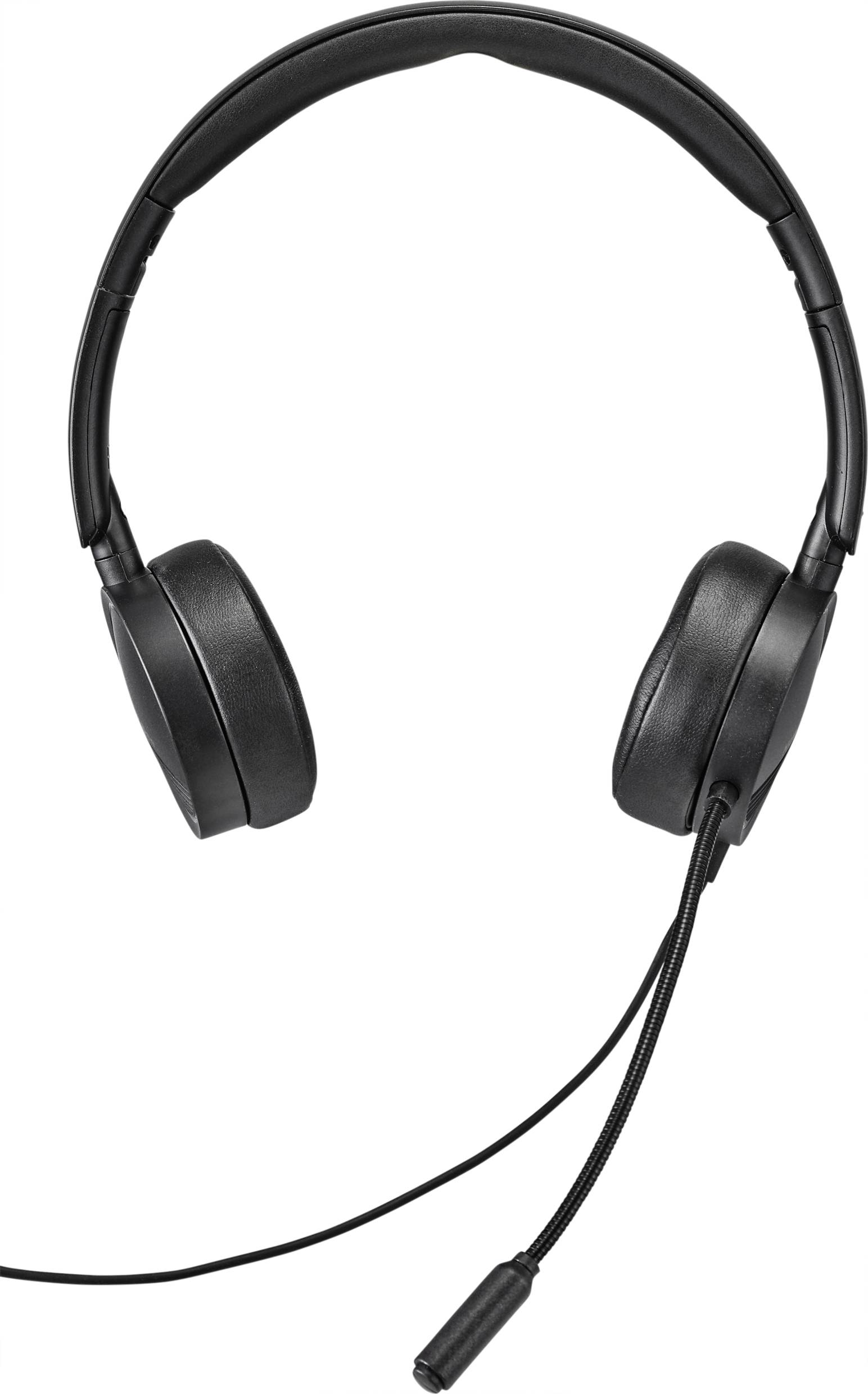 Schwarzer Over-Ear-Kopfhörer mit integriertem Mikrofon auf weißem Hintergrund. Ideal für Telefonate oder Computer-Audioanwendungen.