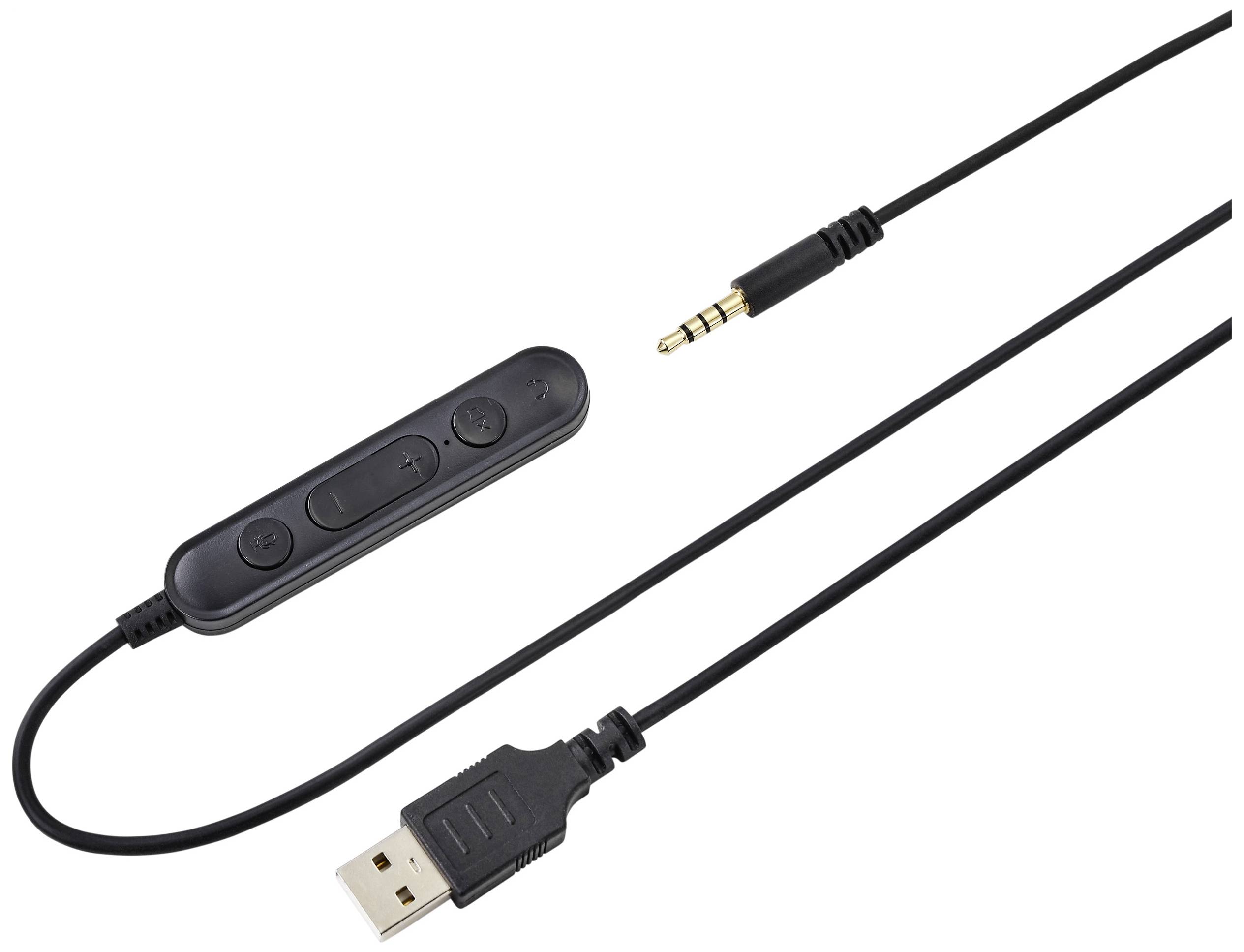 Schwarzes Audio-Headset-Kabel mit Lautstärkeregler, USB- und 3,5mm-Klinkenstecker.
