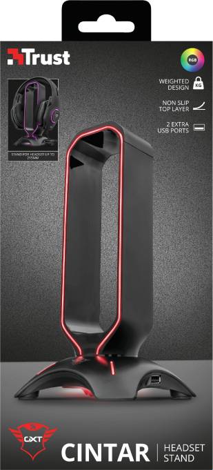 'Trust Cintar Headset-Ständer' mit RGB-Beleuchtung und zwei USB-Anschlüssen, schwarzes Design mit rutschfester Oberfläche.