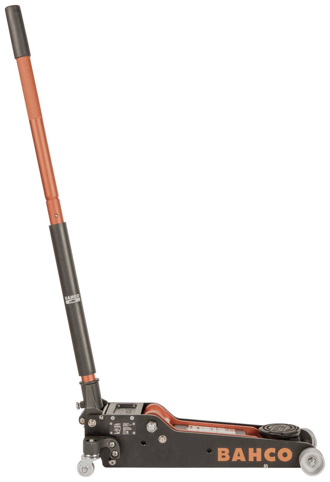 Hydraulischer Wagenheber mit orangefarbenem Griff und der Aufschrift 'BAHCO' an der Seite, hochgeklappt für Einsatzbereitstellung.