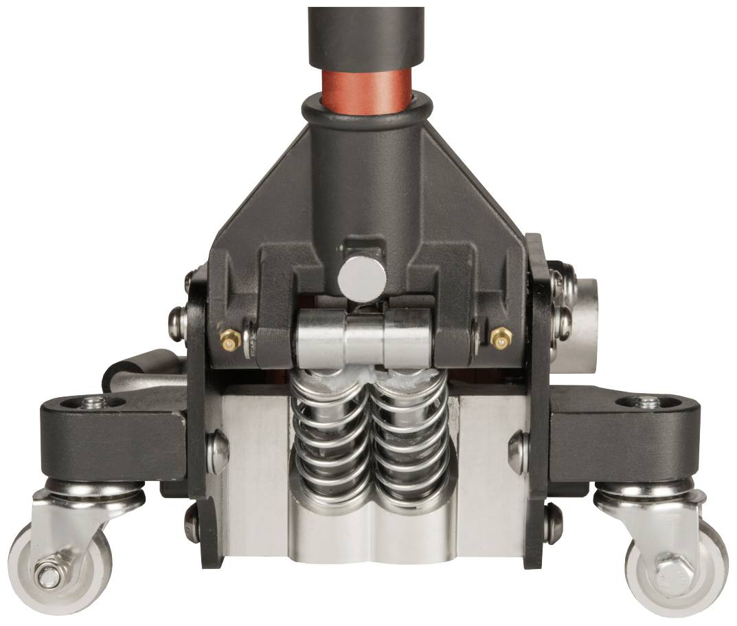 Hydraulischer Wagenheber auf Rollen, Vorderansicht. Mechanismus mit zwei Federn sichtbar, geeignet zum Heben von Fahrzeugen.