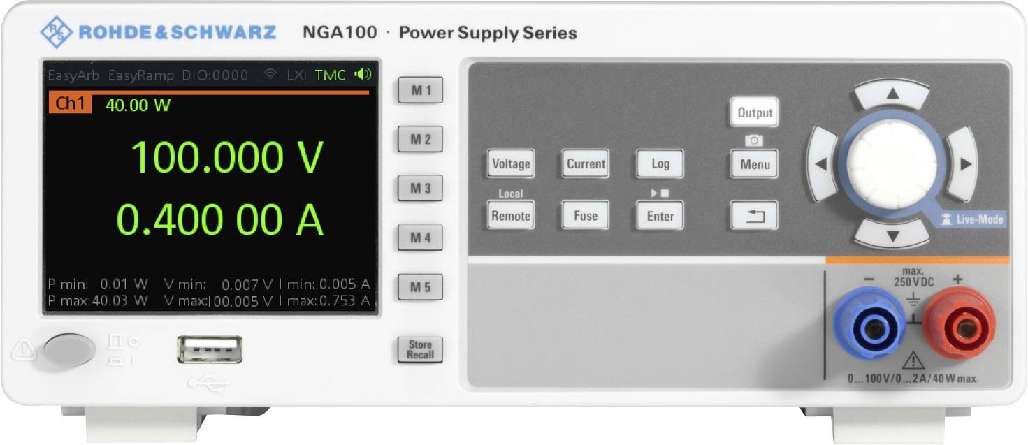 Rohde & Schwarz NGA100 Netzteilgerät mit Farbdisplay zeigt 100,00 V und 0,400 A an. Verschiedene Bedientasten und Anschlüsse sichtbar.