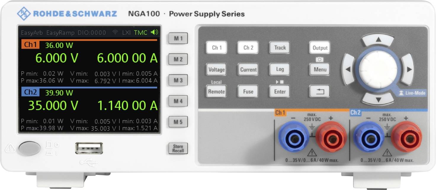 Elektronisches Labornetzgerät, angezeigt werden zwei Kanäle: Kanal 1 mit 36 V/6 A, Kanal 2 mit 39,9 W/35 V/1,14 A. Steuerknöpfe und Anschlüsse vorhanden.