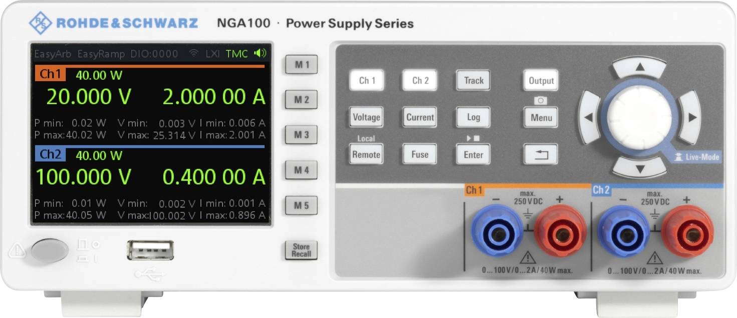 'Rohde & Schwarz NGA100 Power Supply Series.' Zweikanaliges Labornetzteil mit Anzeige von Spannung und Stromstärke für beide Kanäle.