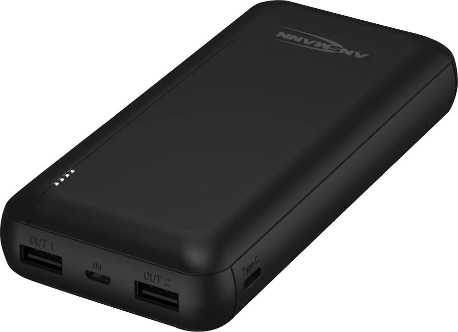 Schwarze Powerbank mit zwei USB-Ausgängen, einer Typ-C-Buchse und einer Batteriestandsanzeige mit vier Punkten auf der Oberseite.