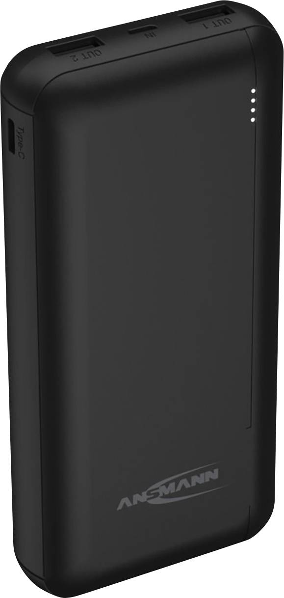 Schwarze Powerbank mit drei USB-Anschlüssen oben und Ladeanzeige durch vier LED-Lichter an der Seite. Logo 