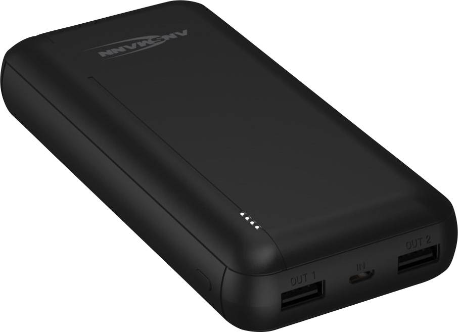 Schwarze Powerbank mit zwei USB-Anschlüssen und vier LED-Anzeigen auf der Oberseite.
