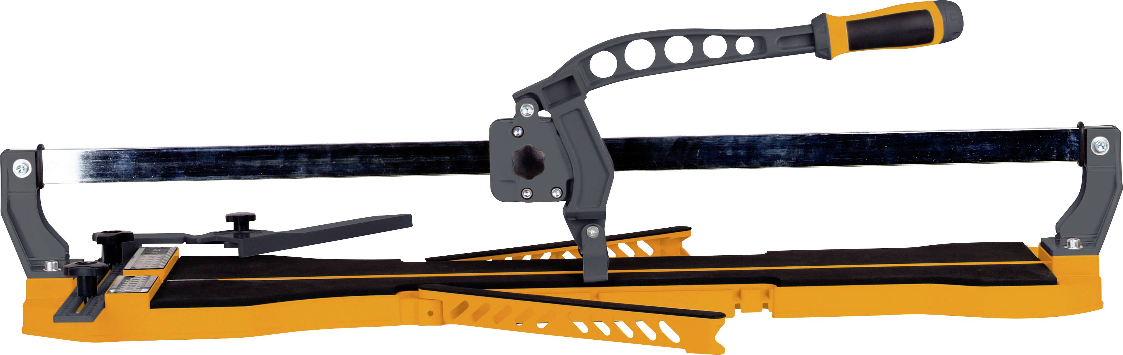 Manuelle Fliesenschneidemaschine mit schwarzem und orangefarbenem Rahmen, Griff oben und Schiene zur Ausrichtung der Fliesen.