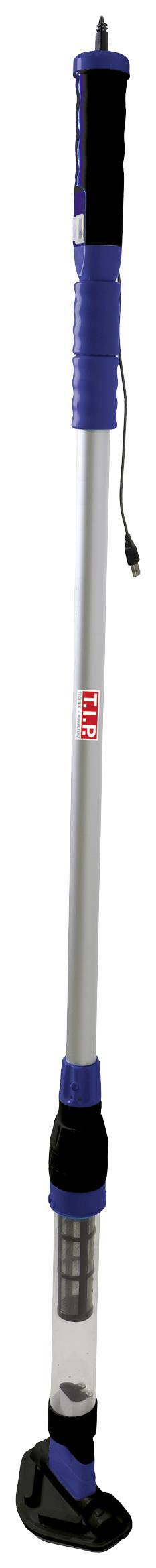 Teleskopstange mit blauem und schwarzem Griff, silbernem Schaft und Saugnapf am unteren Ende.