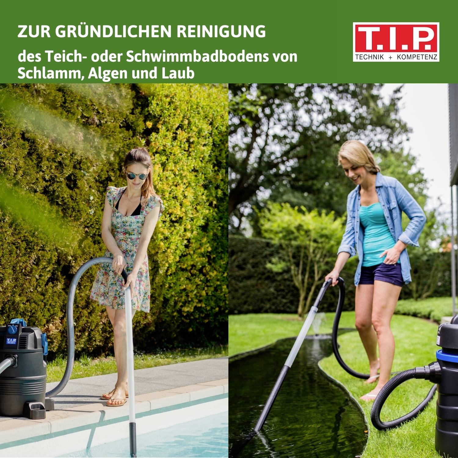 Zwei Personen reinigen einen Teich mit einem Staubsauger; links im Bild eine Frau mit Sonnenbrille, rechts eine Frau mit Jeansjacke.