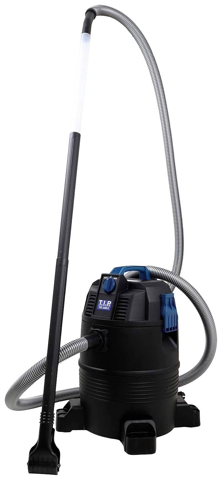 Ein schwarzer Nass- und Trockensauger mit blauem Griff und langem Saugrohr. Geeignet für vielseitige Reinigungsaufgaben.