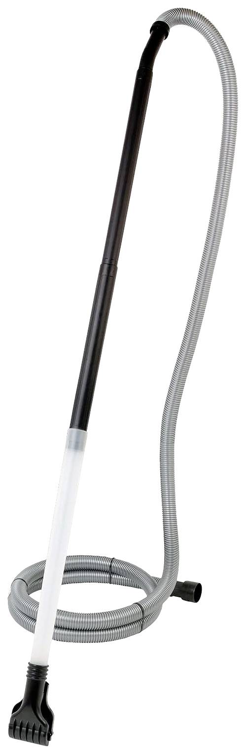 Ein grauer Staubsaugerschlauch mit schwarzem Griff und gebogenem Kopf. Der Schlauch ist unten spiralförmig aufgerollt.
