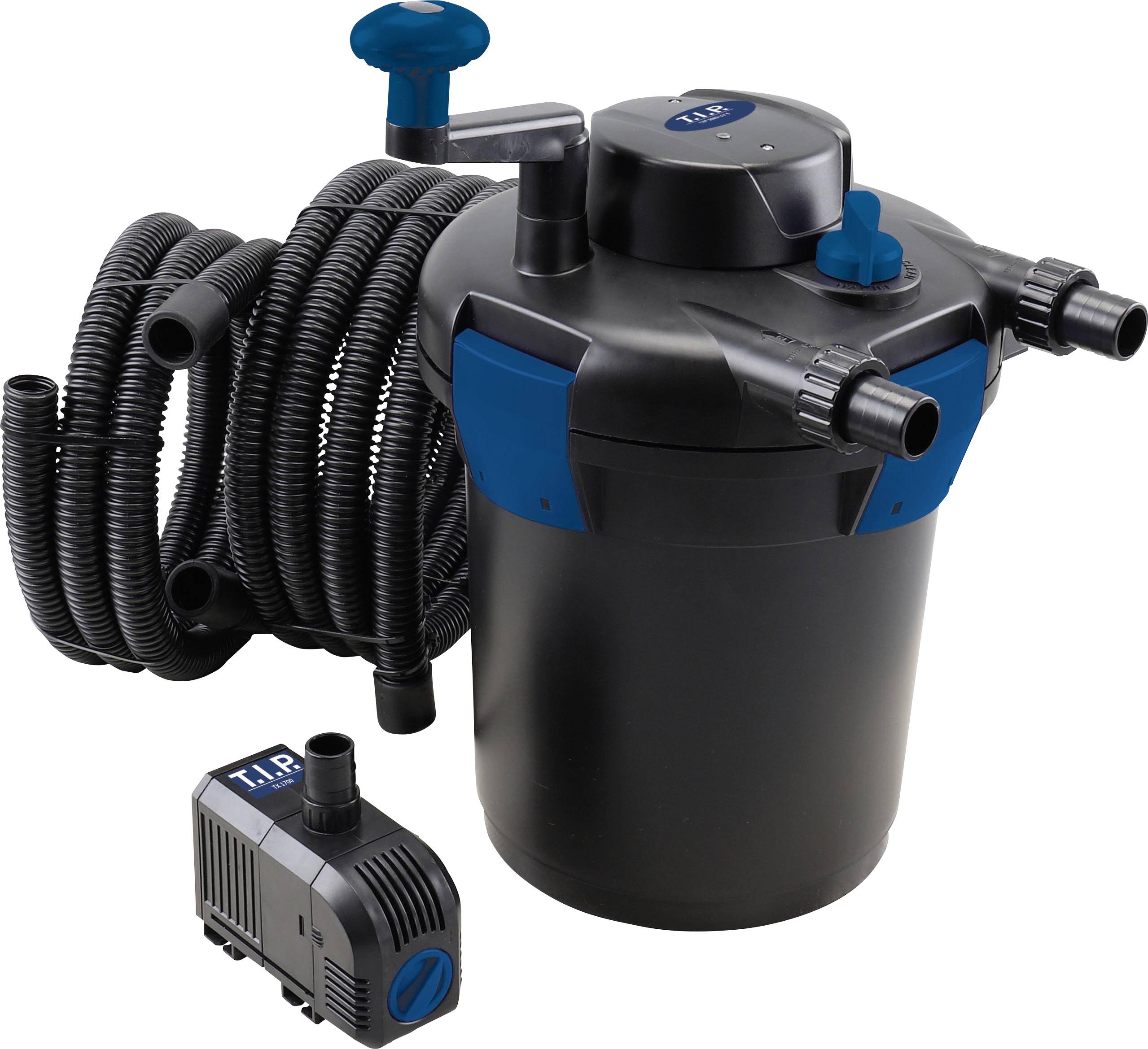 Ein Filtergerät mit mehreren Schläuchen und einem Pumpenaufsatz. Es wird für die Wasserreinigung in Teichen oder Aquarien verwendet.