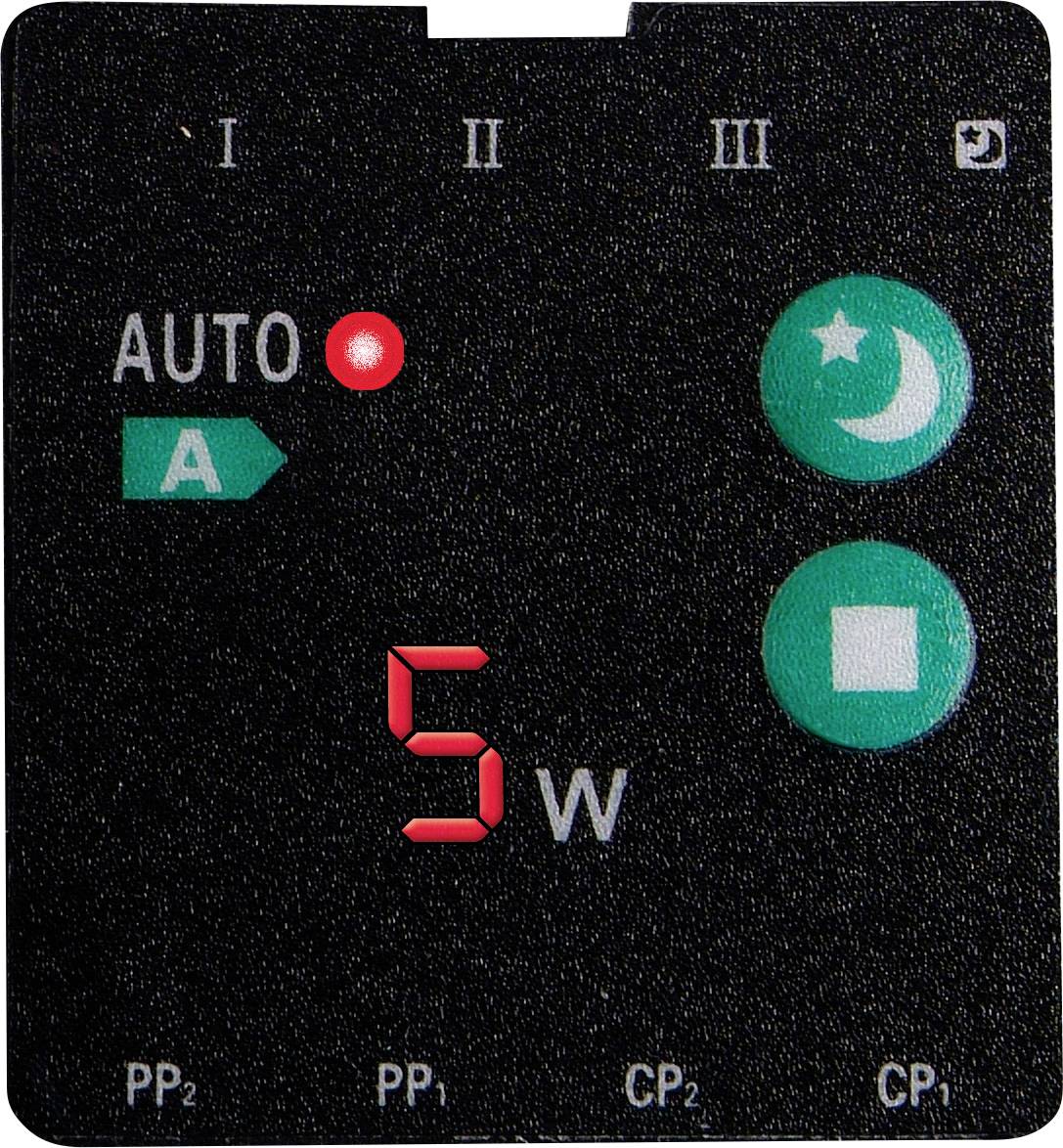 Ein digitaler Anzeigebildschirm mit 'AUTO A' und roten Leuchtanzeige, '5 W' in rot. Grüne Tasten mit Mond-Symbol und Quadrat.