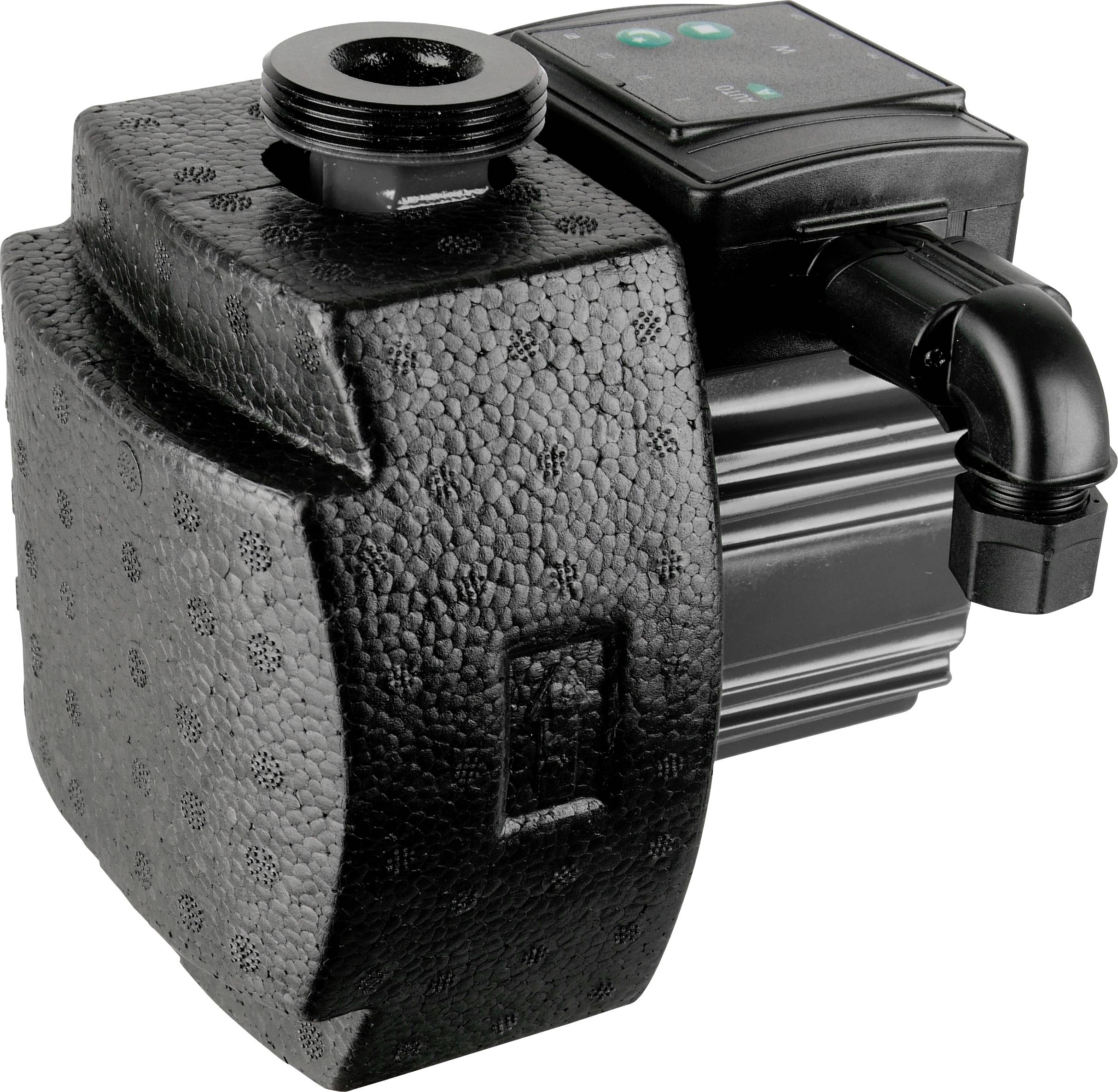 Schwarze Wasserpumpe mit Isolierung und zwei Anschlüssen, einer oben und einer seitlich. Oberseite mit Kontrollpanel.